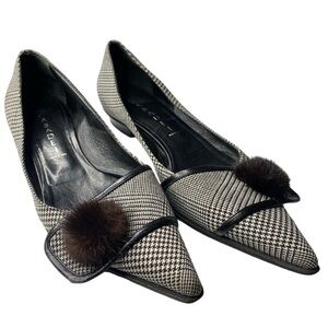 Casadei Houndstooth and Fur Pom Pom Flats